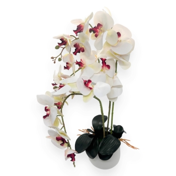 Ghiveci cu 3 fire orhidee artificiala aspect real alb/grena