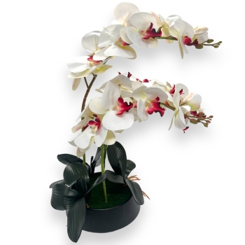 Ghiveci negru cu 3 fire orhidee artificiala aspect real alb/grena