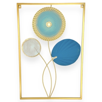 Tablou decorativ metalic 3 frunze rotunde mint albastru auriu