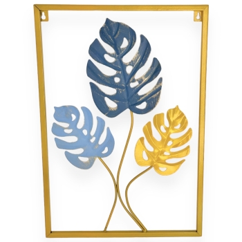 Tablou decorativ metalic 3 frunze de Monstera albastru auriu