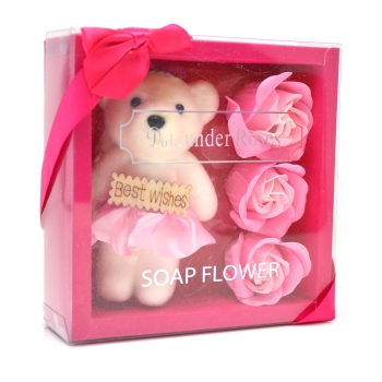 Pachet best wishes ursulet cu trandafiri de sapun roz